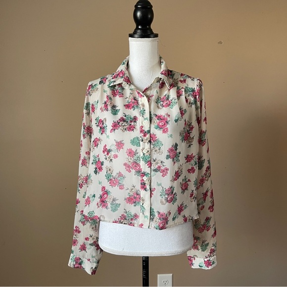 NAMELESS | Sheer Floral Cropped Button Down Blouse Sz L - Picture 1 of 8